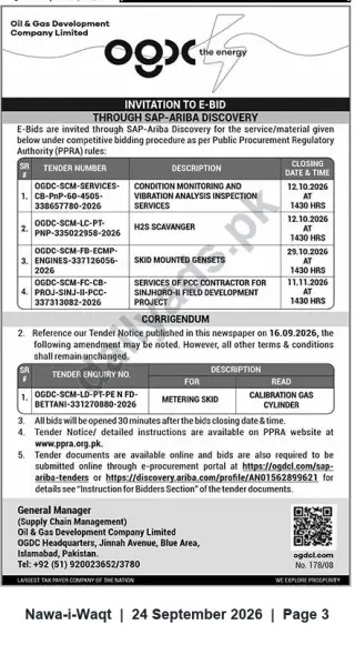 Newspaper clipping: OGDCL Invitation to E-Bid via SAP‑Ariba Discovery — Condition Monitoring, H2S Scanner, Skid Gensets & PCC Contractor (Closures Oct–Nov 2026), Nawa-i-Waqt, 24 Sep 2026