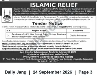 Newspaper clipping: Tender: Supply of 3,500 School Bags, School Furniture & Accessories for 4 Schools in Peshawar, Jang, 24 Sep 2026