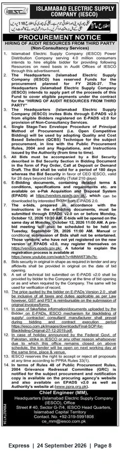 Newspaper clipping: IESCO Procurement Notice: Hiring of Audit Resources from Third Party (Non‑Consultancy Services), Express, 24 Sep 2026