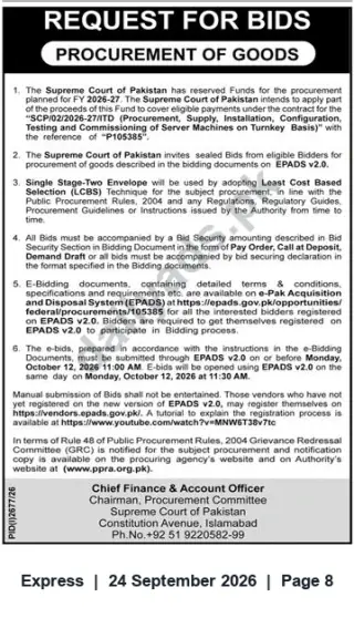 Newspaper clipping: Supreme Court of Pakistan — Tender for Procurement, Supply and Installation of Server Machines (Turnkey), Express, 24 Sep 2026