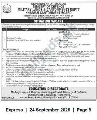 Newspaper clipping: Principal (Female) – Cantt Public High School, Kharian Cantt (Care Public Education System), Express, 24 Sep 2026