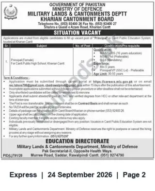 Newspaper clipping: Principal (Female) Vacancy — Cantt Public Education System, Kharian Cantt, Express, 24 Sep 2026