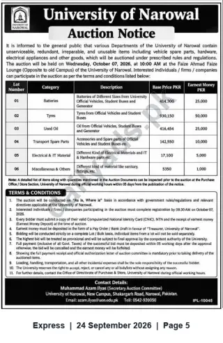 Newspaper clipping: University of Narowal Public Auction of Vehicle Parts, Electrical & Miscellaneous Items — 07 Oct 2026, Express, 24 Sep 2026