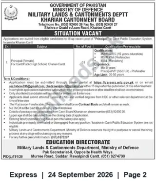 Newspaper clipping: Principal (Female) – Cantt Public High School, Kharian Cantt (Contract), Express, 24 Sep 2026