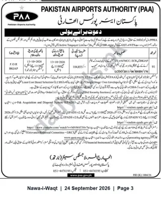 Newspaper clipping: Pakistan Airports Authority (PAA) Invitation to Bid — BKIAP Tender (ePADS v2.0) 2026-10-13, Nawa-i-Waqt, 24 Sep 2026