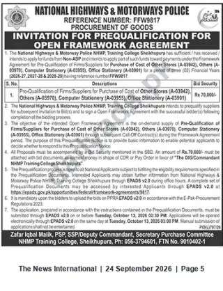 Newspaper clipping: NHMP Training College Sheikhupura — Prequalification for Open Framework Agreement (Ref: FFW9817), The News International, 24 Sep 2026