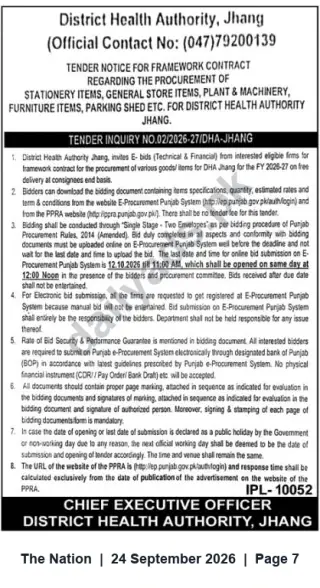 Newspaper clipping: DHA Jhang Tender: Framework Contract for Stationery, Stores, Plant & Machinery, Furniture (FY 2026-27), The Nation, 24 Sep 2026