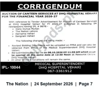 Newspaper clipping: Corrigendum: Auction of Canteen Services at DHQ Hospital Vehari for FY 2026-27, The Nation, 24 Sep 2026