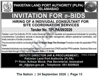 Newspaper clipping: PLPA Islamabad Invitation for e-Bids: Individual Consultant for Site Coordination (Tender No. 7/PLPA/09/2026), The Nation, 24 Sep 2026