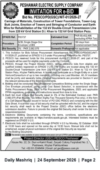Newspaper clipping: PESCO e-Bid Invitation for Rehabilitation of 132 kV Double-Circuit Transmission Line & Grid Station Works (Bid Ref P83737), Daily Mashriq, 24 Sep 2026