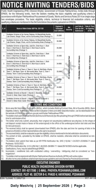 Newspaper clipping: PHE Division Khyber - Notice Inviting Tenders for Multiple Sanitation Schemes (Peshawar), Daily Mashriq, 25 Sep 2026