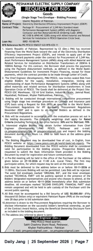 Newspaper clipping: PESCO Request for Bids – Procurement of 3,249 APMS Units and Related Installation Services (EDEIP), Jang, 25 Sep 2026