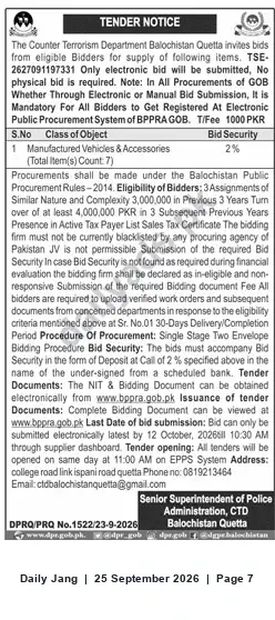 Newspaper clipping: CTD Balochistan (Quetta) Tender: Supply of Manufactured Vehicles & Accessories — Closing 2026-10-12, Jang, 25 Sep 2026