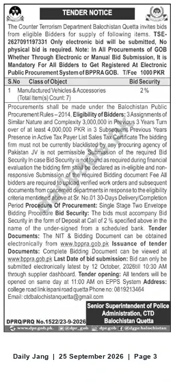 Newspaper clipping: Tender for Supply of Manufactured Vehicles & Accessories — CTD Balochistan, Quetta, Jang, 25 Sep 2026
