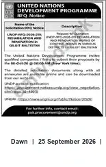 Newspaper clipping: UNDP RFQ: Rehabilitation & Renovation of Control Rooms in Gilgit Baltistan, Dawn, 25 Sep 2026