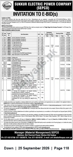 Newspaper clipping: SEPCO Invitation to E-Bids for Supply of Materials and Services, Dawn, 25 Sep 2026