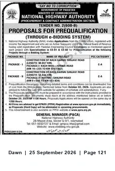 Newspaper clipping: NHA Tender No. 2(600-B): Prequalification for Rach Harani–Sanjani & Harnai–Sanjani Road Construction, Dawn, 25 Sep 2026