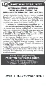 Newspaper clipping: Pakistan Oilfields Limited — Tender for Long‑Term Transportation Services (7‑Year), Dawn, 25 Sep 2026