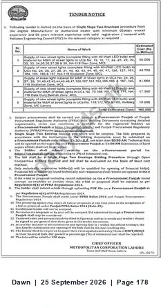 Newspaper clipping: Tender Notice — Chief Officer, Metropolitan Corporation Lahore, Dawn, 25 Sep 2026