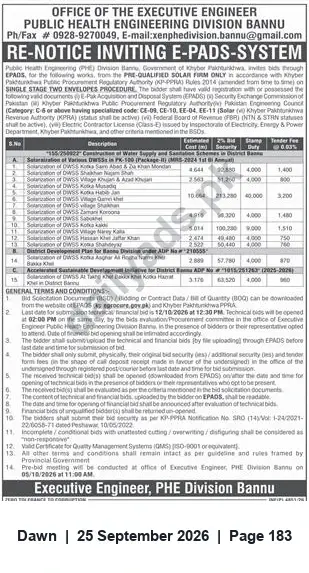 Newspaper clipping: Re-Notice Inviting e-Bids — Public Health Engineering Division Bannu (Water Supply Schemes, 15 Packages), Dawn, 25 Sep 2026