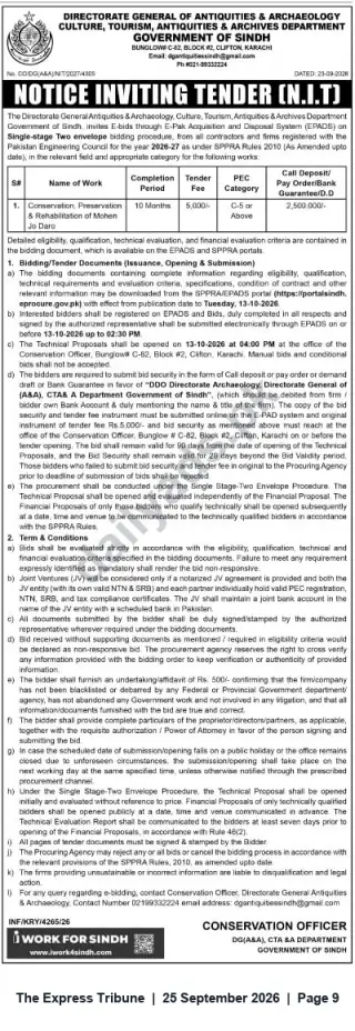 Newspaper clipping: Tender: Conservation, Preservation & Rehabilitation of Mohenjo-Daro — Directorate General Antiquities & Archaeology, Sindh, The Express Tribune, 25 Sep 2026