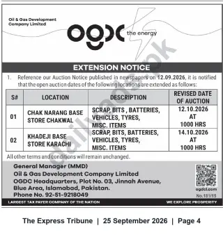 Newspaper clipping: OGDCL Extension Notice: Open Auctions for Scrap, Vehicles & Misc. Items — Chakwal & Karachi, The Express Tribune, 25 Sep 2026