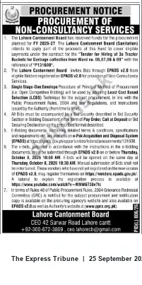 Newspaper clipping: Tender: Hiring of JCB/Tractor Buckets for Garbage Collection — Lahore Cantonment Board (Tender ID P131601), The Express Tribune, 25 Sep 2026