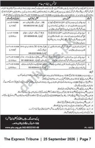 Newspaper clipping: Punjab Healthcare Commission: Public Auction Notice for Five Lots, The Express Tribune, 25 Sep 2026