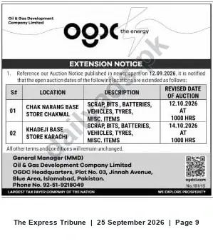 Newspaper clipping: OGDCL Extension Notice: Auction Dates Extended for Scrap & Misc. Items in Chakwal and Karachi (Oct 2026), The Express Tribune, 25 Sep 2026