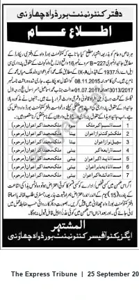 Newspaper clipping: Cantonment Board Public Notice: Heirs of the Late Malik Muhammad Akbar (Ref. EX-Ad.C.1937.h), The Express Tribune, 25 Sep 2026