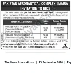 Newspaper clipping: Pakistan Aeronautical Complex Kamra — Invitation to Bids for Artifacts & Spares (Oct 2026), The News International, 25 Sep 2026