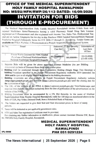 Newspaper clipping: E-Procurement Tender: PBM-Funded Medicines, Surgical & Orthopedic Items — Holy Family Hospital Rawalpindi (Tender No. MSSU/HFH/RWP/26/113), The News International, 25 Sep 2026