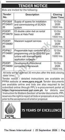 Newspaper clipping: PPL Tender Notice — Supply, Services & Support (Closing 13 Oct 2026), The News International, 25 Sep 2026