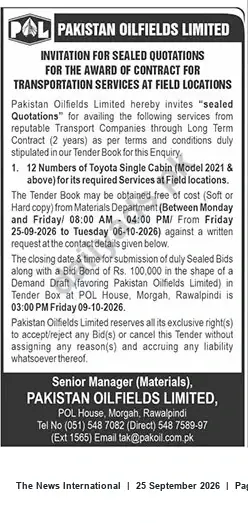 Newspaper clipping: Pakistan Oilfields Limited Tender: Transportation Services — 12 Toyota Single Cabin (2021+), The News International, 25 Sep 2026