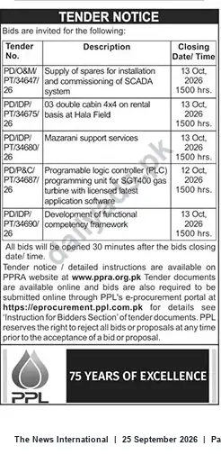 Newspaper clipping: PPL Tender Notice — Multiple Packages Closing 12–13 Oct 2026, The News International, 25 Sep 2026