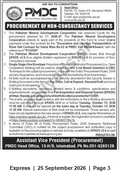 Newspaper clipping: PMDC Tender: Excavation & Transportation of Rock Salt (Sohal Mine No.02) — Ref P132505, Express, 25 Sep 2026