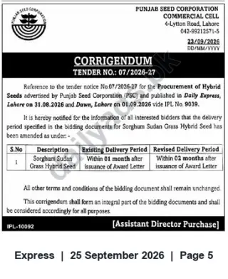 Newspaper clipping: Corrigendum: Tender No. 07/2026-27 — Revised Delivery Period for Sorghum Sudan Grass Hybrid Seed, Express, 25 Sep 2026