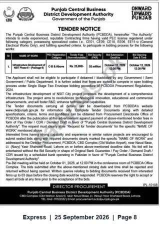 Newspaper clipping: PCBDDA Tender: Infrastructure Development of NSIT Phase‑II (Package‑1) — Bids due 2026-10-12, Express, 25 Sep 2026