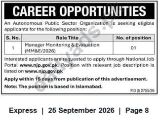 Newspaper clipping: Manager Monitoring & Evaluation (MM&E/2026) – Job Vacancy in Islamabad, Express, 25 Sep 2026