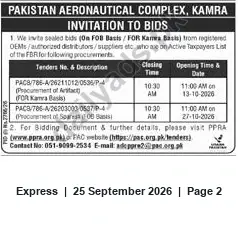 Newspaper clipping: PAC Kamra Invitation to Bids – Procurement of Aircraft and Spares, Express, 25 Sep 2026