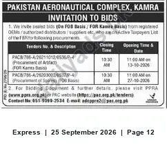Newspaper clipping: Pakistan Aeronautical Complex, Kamra — Invitation to Bids (Oct 2026), Express, 25 Sep 2026