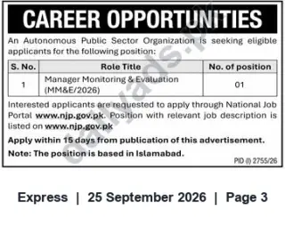 Newspaper clipping: Manager Monitoring & Evaluation (MM&E/2026) — 1 Vacancy in Islamabad, Express, 25 Sep 2026