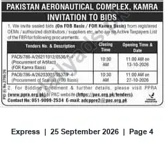 Newspaper clipping: Pakistan Aeronautical Complex (Kamra) Invitation to Bids, Express, 25 Sep 2026