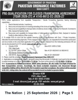 Newspaper clipping: POF Wah Cantt — Pre-Qualification for Closed Framework Agreement (Transport & Freight Services) 2026-27, The Nation, 25 Sep 2026