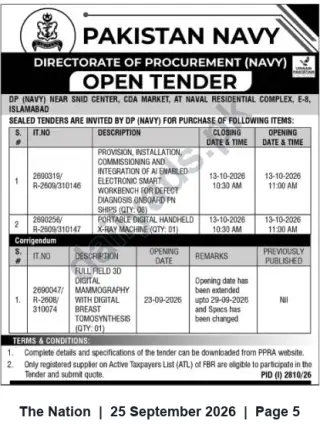Newspaper clipping: Pakistan Navy Directorate of Procurement — Open Tenders for Medical & Diagnostic Equipment, The Nation, 25 Sep 2026
