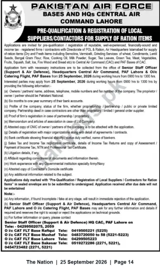 Newspaper clipping: Pakistan Air Force – Pre-Qualification & Registration of Local Suppliers/Contractors for Ration Items (Central Air Command, Lahore), The Nation, 25 Sep 2026