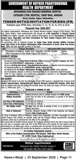 Newspaper clipping: KP Health Dept Tender: Procurement of Medicines, Disposables & Consumables for Sehat Sahulat Program — Muhammad Ayaz Shaheed Memorial Hospital (Takht Bhai, Mardan), Nawa-i-Waqt, 25 Sep 2026
