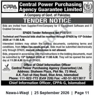 Newspaper clipping: CPPA-G Tender P107311 – IT Equipment, Software & IT-Enabled Services (Bids via EPADS), Nawa-i-Waqt, 25 Sep 2026