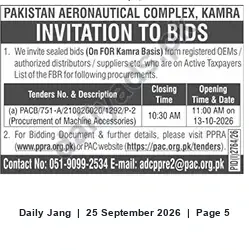 Newspaper clipping: PAC Kamra Tender: Procurement of Machine Accessories (PACB/751-A/21082002G/1292/P-2), Jang, 25 Sep 2026