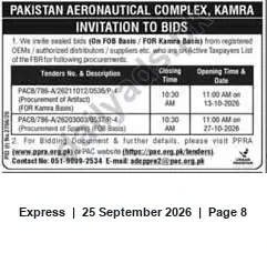 Newspaper clipping: Pakistan Aeronautical Complex (PAC), Kamra — Invitation to Bid (October 2026), Express, 25 Sep 2026